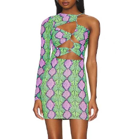 AFRM Jess One Shoulder Ruched Bodycon Mini Dress Snake Cutout Green Small - Picture 1 of 8